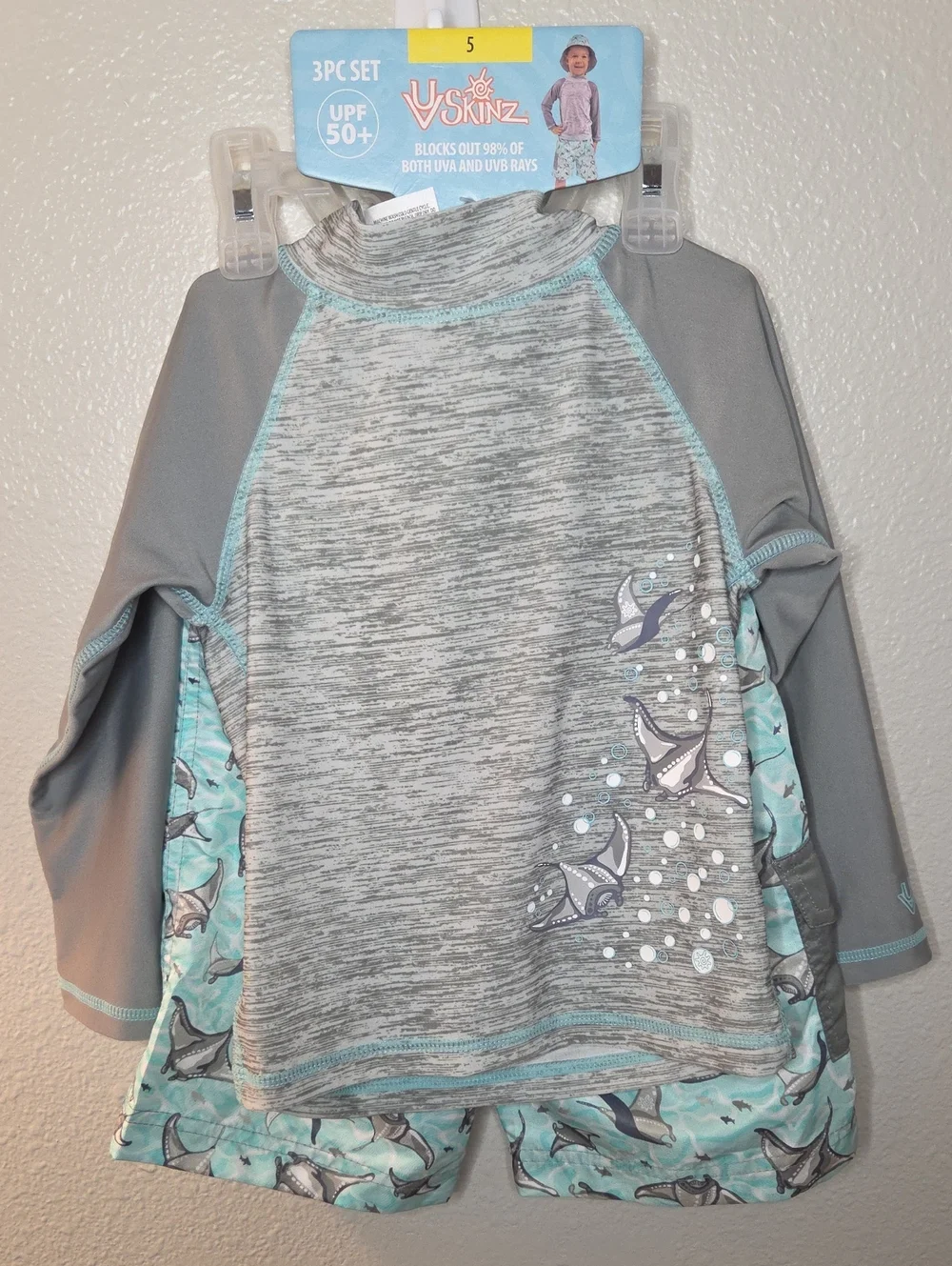 Skin Kids Gray & Aqua Manta Ray Rash Guard 3-Piece Swim Set